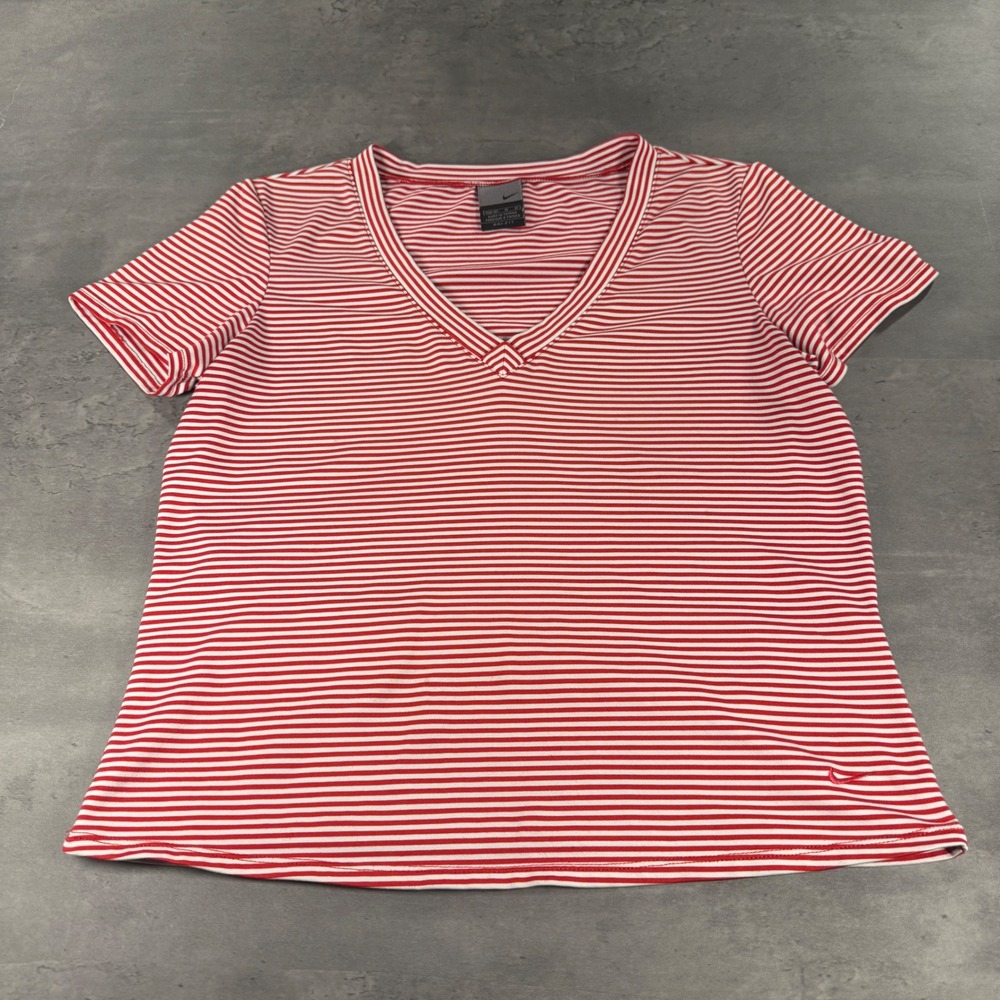 Nike T-Shirt Womens Medium Red White Striped Dri-FIT V-Neck Short Sleeve Top